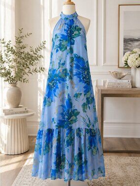 Taylor Women's Blue Floral Chiffon Halter Neck Maxi Dress, size 12